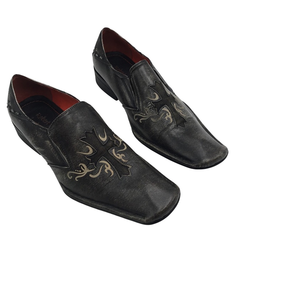 Robert Wayne Mens Distressed Black Leather Gothic Cross Slip On Loafers Size 9